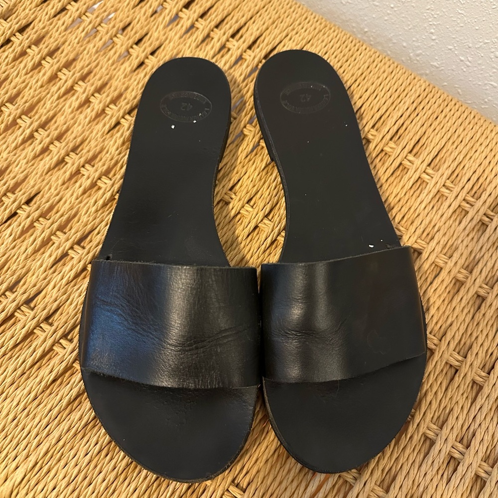 Handmade Black Leather Slip on Sandals